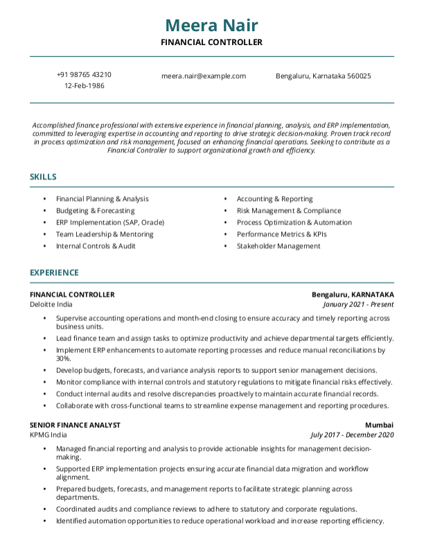 Financial Controller Resume format in Word - Free Download