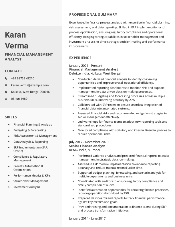 Financial Management Analyst Resume format in Word - Free Download