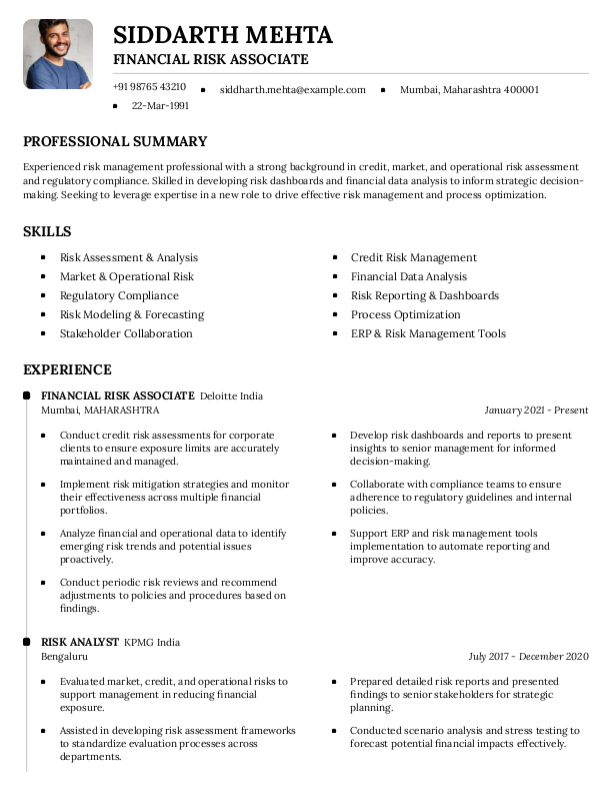 Financial Risk Associate Resume format in Word - Free Download