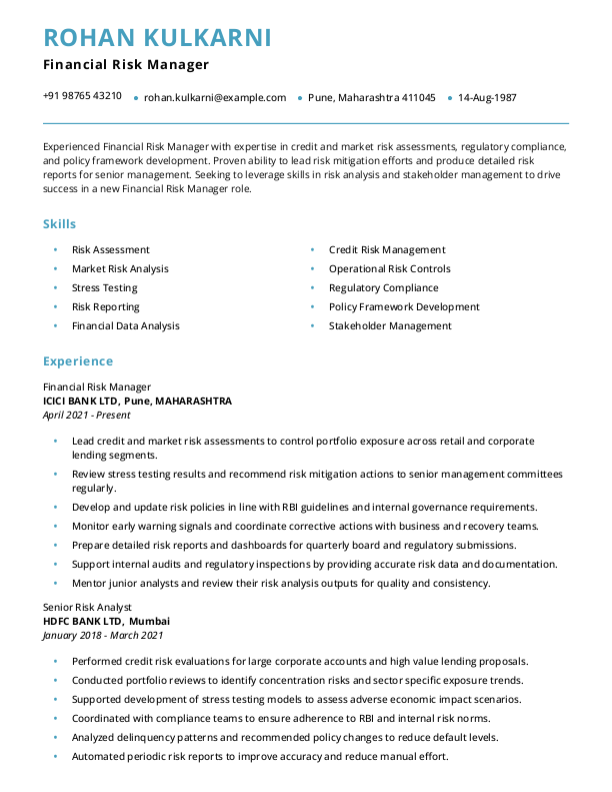 Financial Risk Manager Resume format in Word - Free Download
