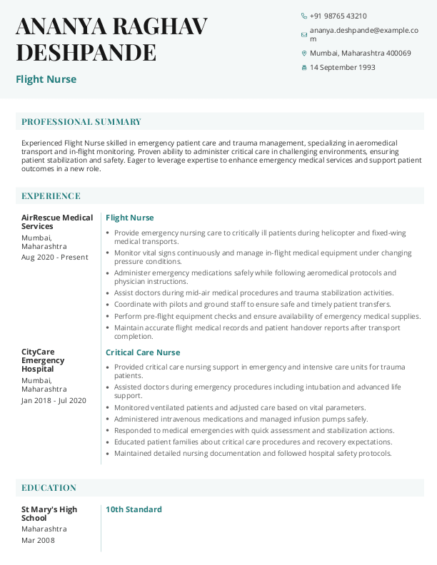 Flight Nurse Resume format in Word - Free Download