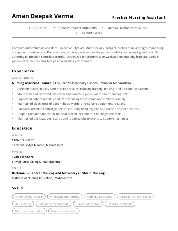 Fresher Nursing Assistant Resume format in Word - Free Download