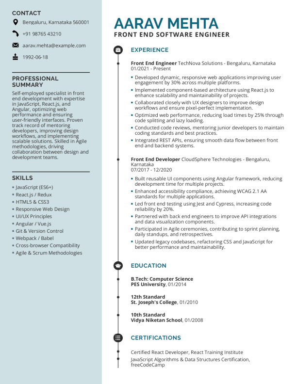 Front End Software Engineer Resume format in Word - Free Download