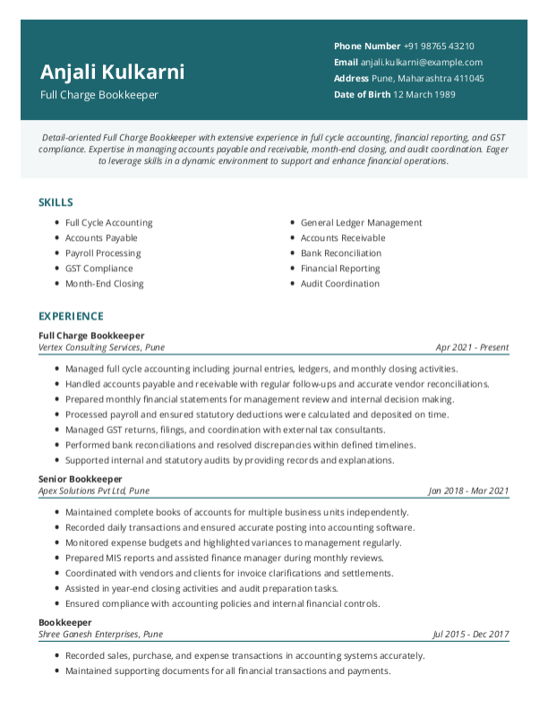 Full Charge Bookkeeper Resume format in Word - Free Download