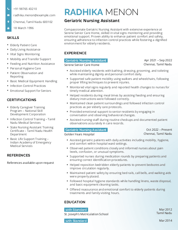 Geriatric Nursing Assistant Resume format in Word - Free Download