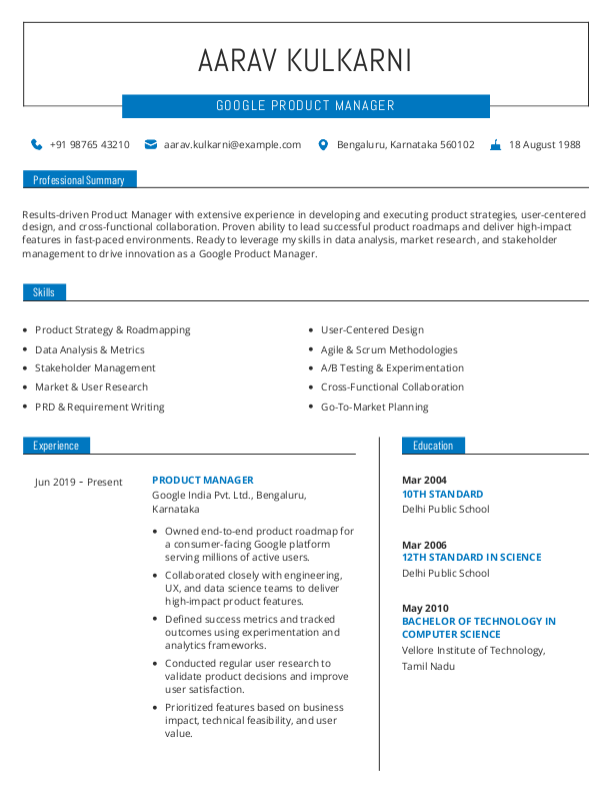 Google Product Manager Resume format in Word - Free Download