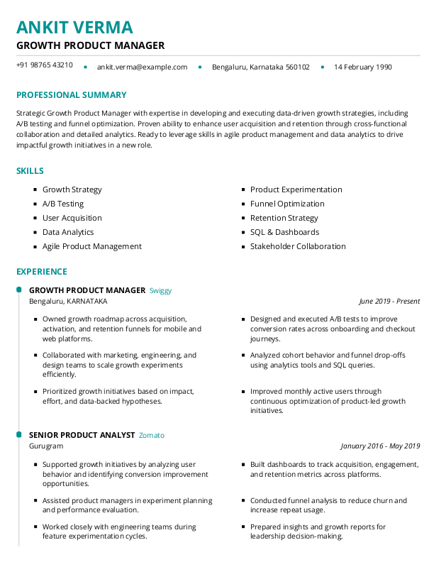 Growth Product Manager Resume format in Word - Free Download
