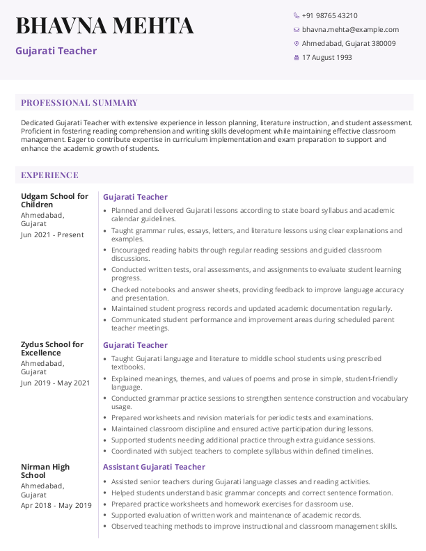 Gujarati Teacher Resume format in Word - Free Download