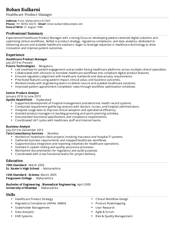 Healthcare Product Manager Resume format in Word | Free Download