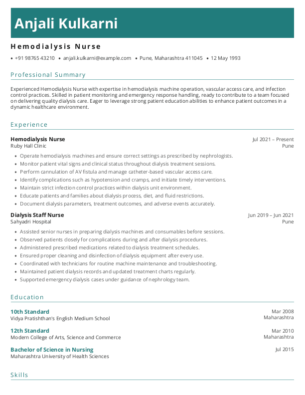 Hemodialysis Nurse Resume format in Word - Free Download