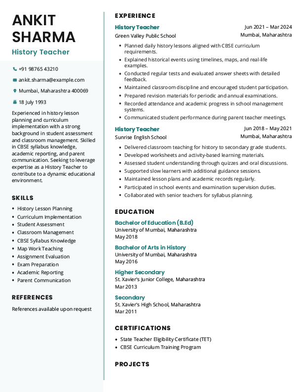 History Teacher Resume format in Word - Free Download