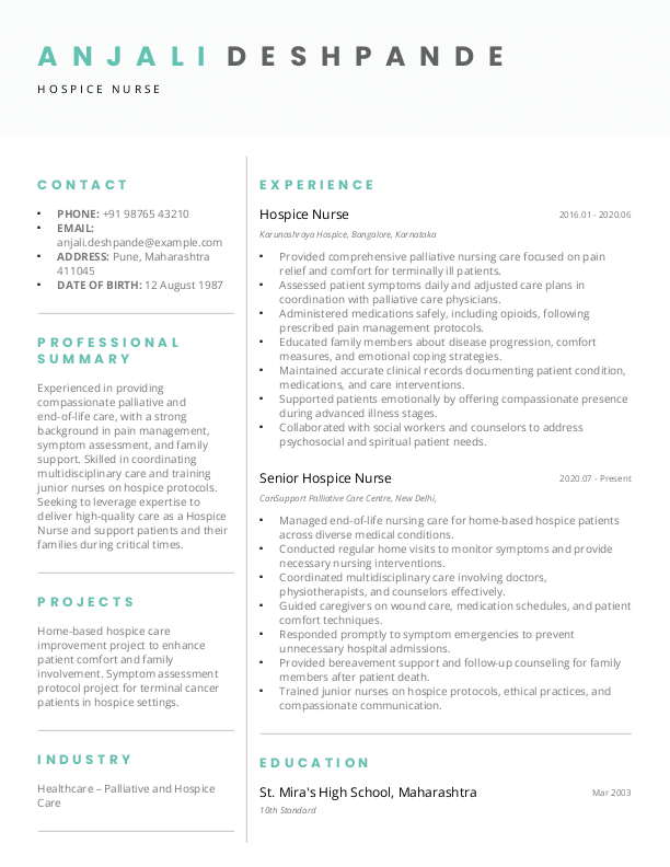 Hospice Nurse Resume ATS format in Word - Free Download