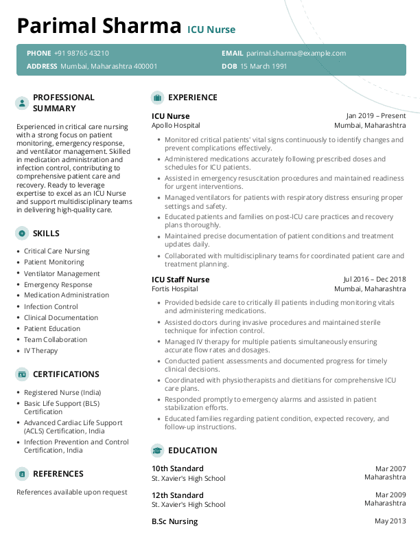 ICU Nurse Resume format in Word - Free Download