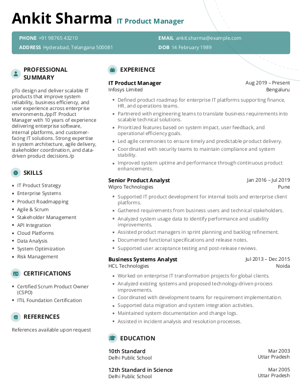 IT Product Manager Resume format in Word - Free Download