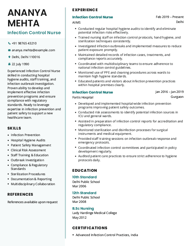 Infection Control Nurse Resume format in Word - Free Download