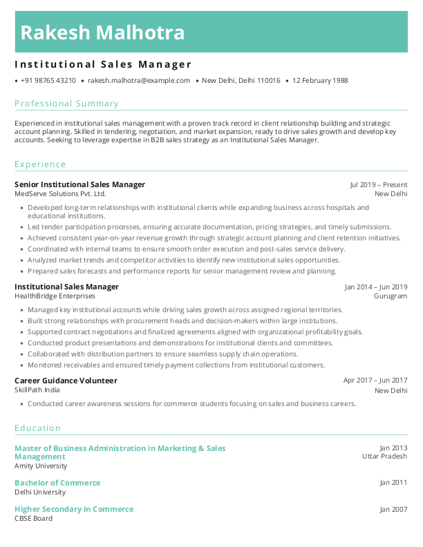 Institutional Sales Manager Resume format in Word | Free Download