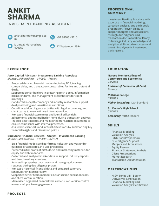 Investment Banking Associate Resume format in Word - Free Download