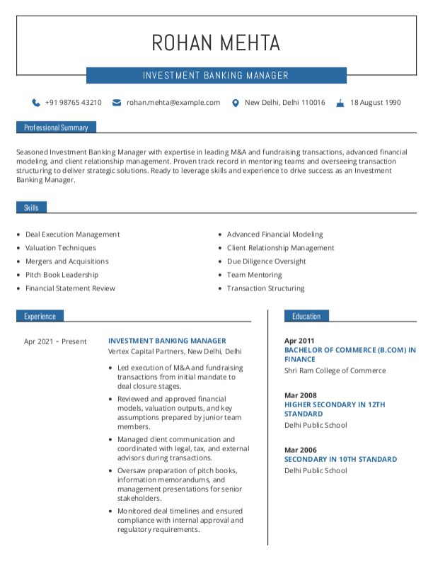 Investment Banking Manager Resume format in Word - Free Download