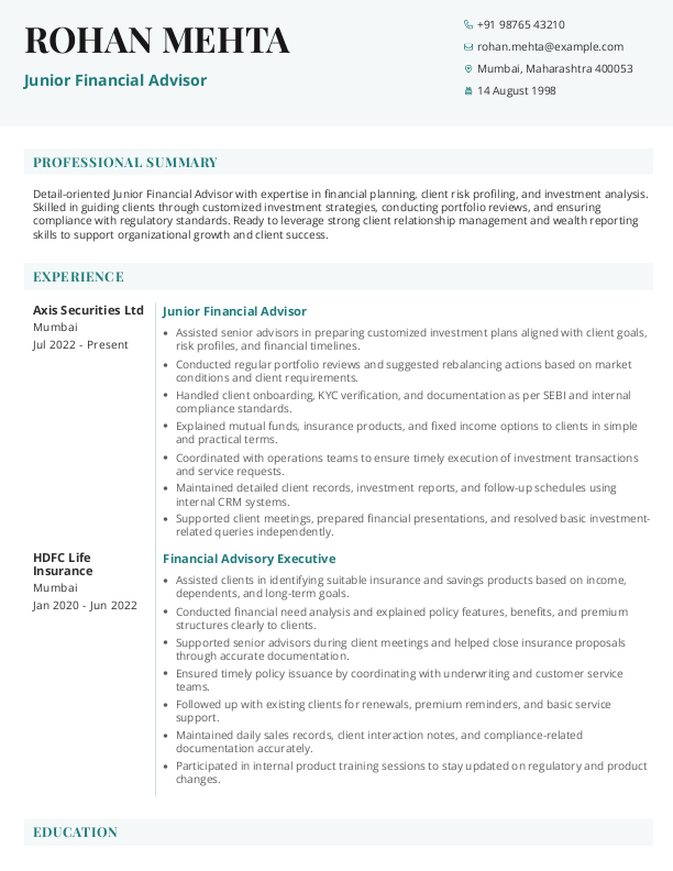Junior Financial Advisor Resume format in Word - Free Download