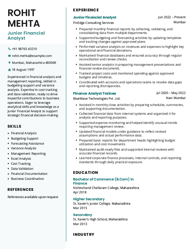 Junior Financial Analyst Resume format in Word - Free Download