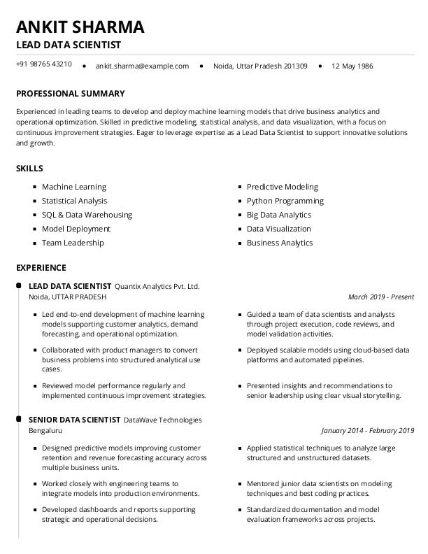 Lead Data Scientist Resume format in Word | Free Download