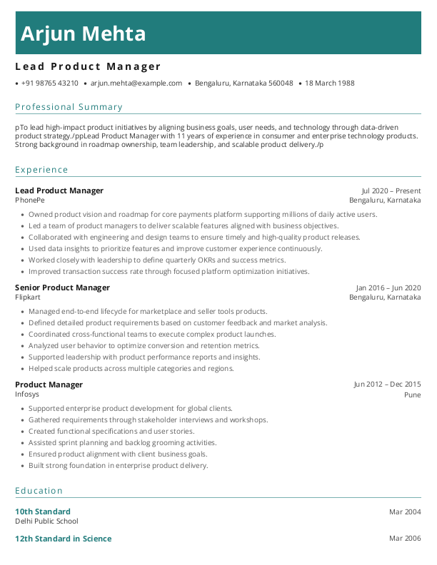 Lead Product Manager Resume format in Word - Free Download