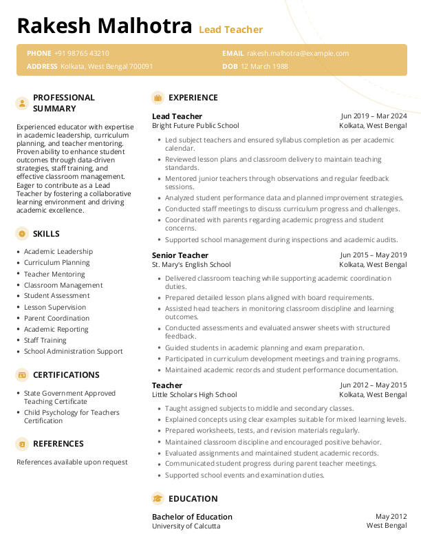 Lead Teacher Resume format in Word - Free Download