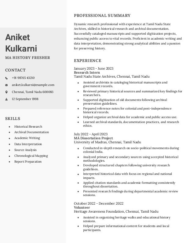 MA History Fresher Resume format in Word - Free Download