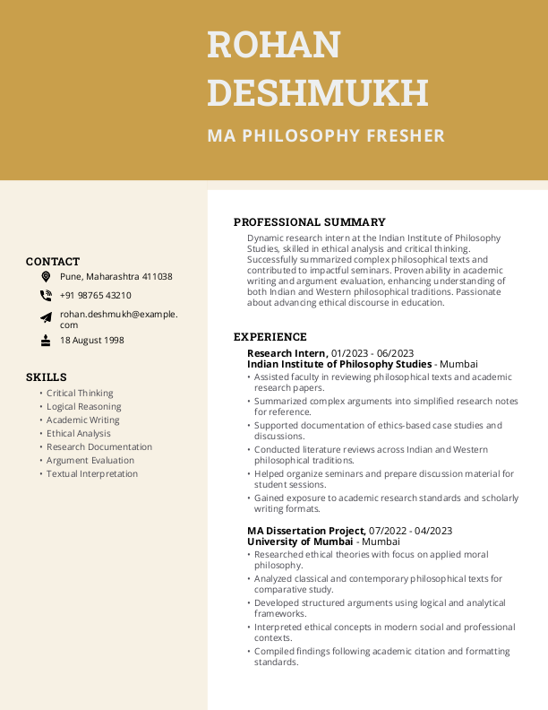 MA Philosophy Fresher Resume format in Word - Free Download