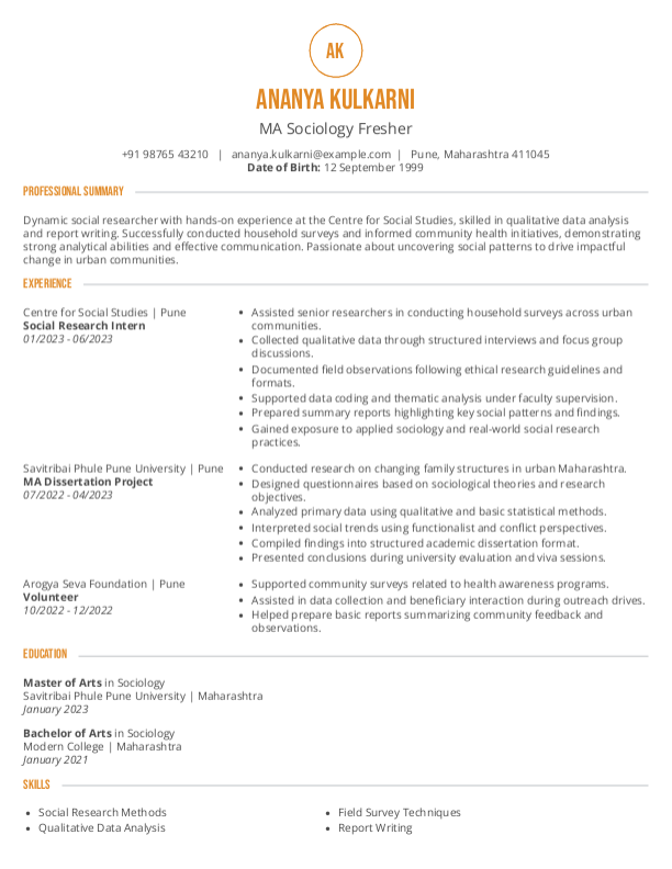 MA Sociology Fresher Resume format in Word - Free Download