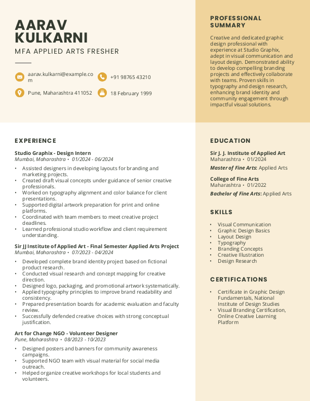MFA Applied Arts Fresher Resume format in Word - Free Download
