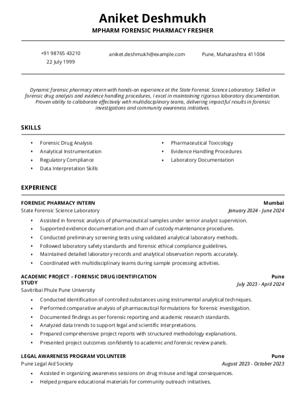 MPharm Forensic Pharmacy Fresher Resume format in Word - Free Download