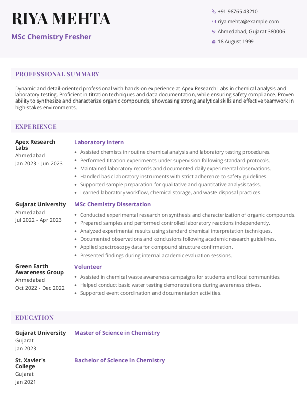 MSc Chemistry Fresher Resume format in Word - Free Download