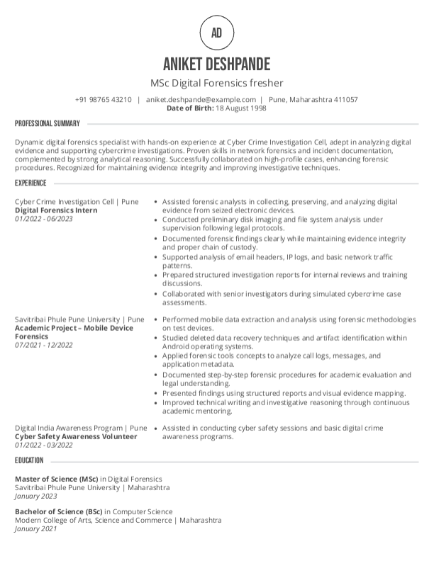 MSc Digital Forensics fresher Resume format in Word - Free Download