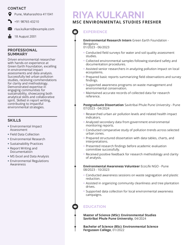 MSc Environmental studies fresher Resume format in Word - Free Download