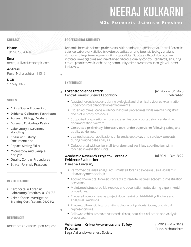 MSc Forensic Science Fresher Resume format in Word - Free Download