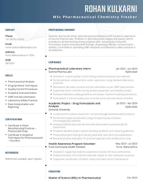 MSc Pharmaceutical Chemistry fresher Resume format in Word - Free Download