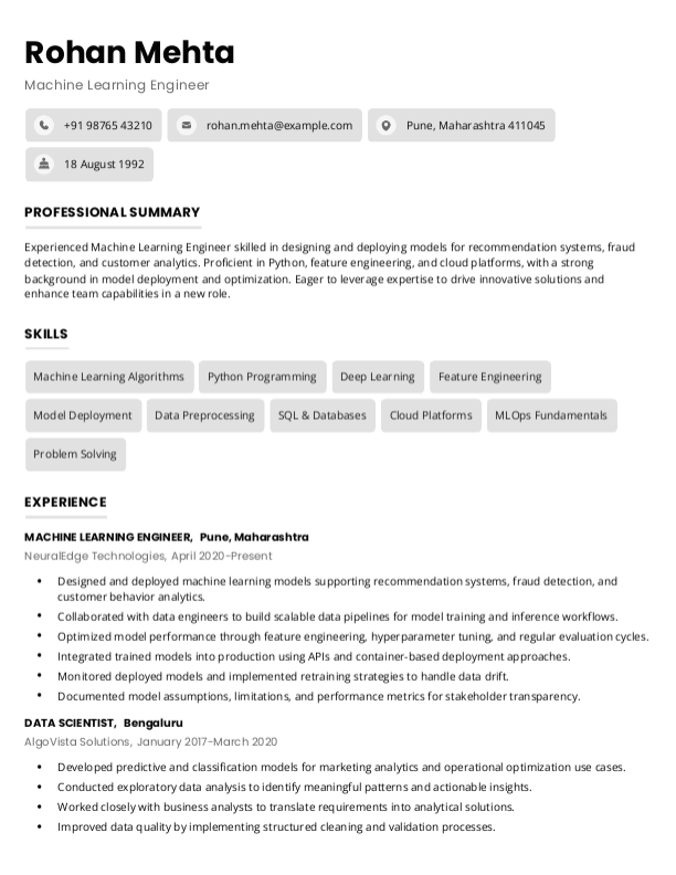 Machine Learning Engineer Resume format in Word - Free Download