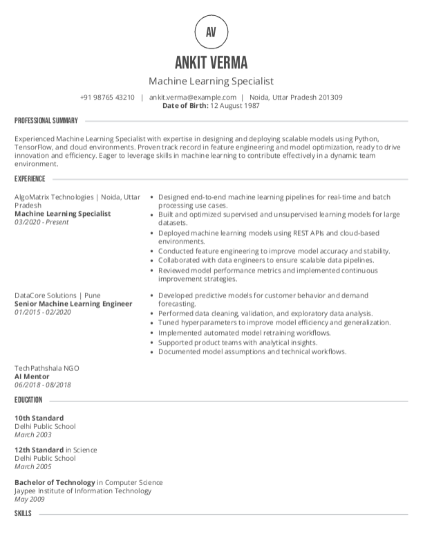 Machine Learning Specialist Resume format in Word - Free Download