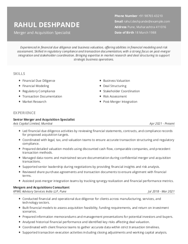 Merger and Acquisition Specialist Resume format in Word - Free Download