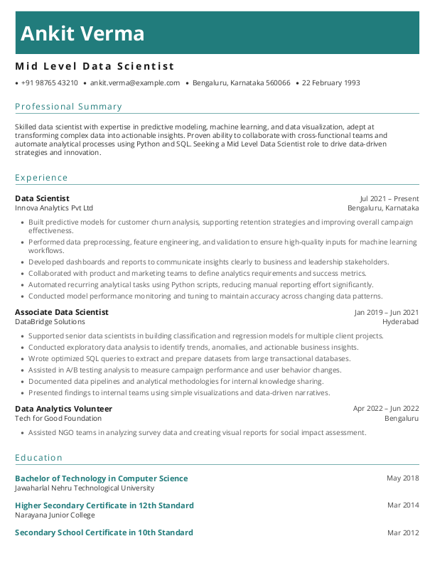 Mid Level Data Scientist Resume format in Word - Free Download