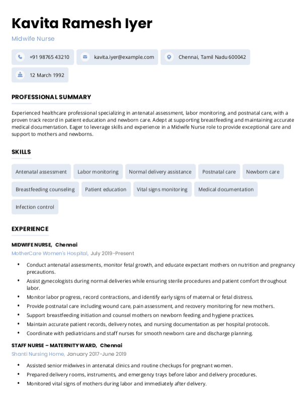 Midwife Nurse Resume format in Word - Free Download