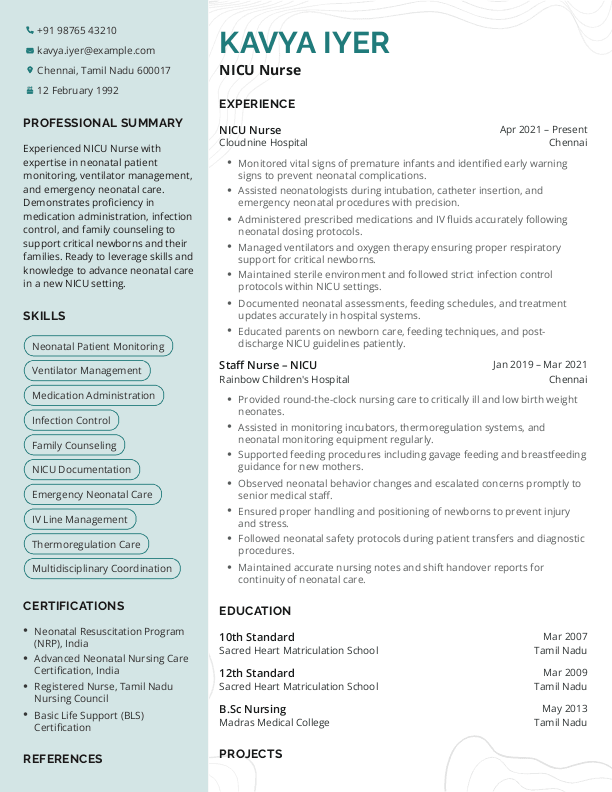 NICU Nurse Resume format in Word - Free Download