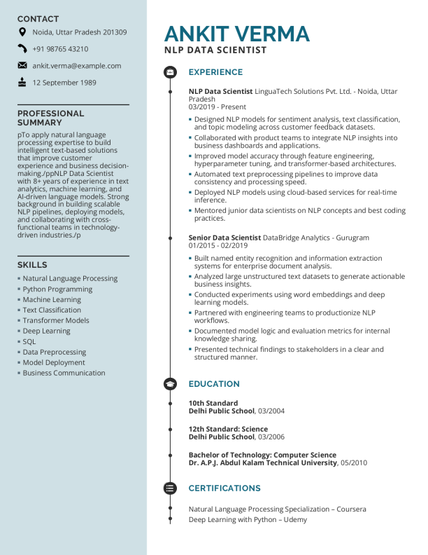 NLP Data Scientist Resume format in Word - Free Download