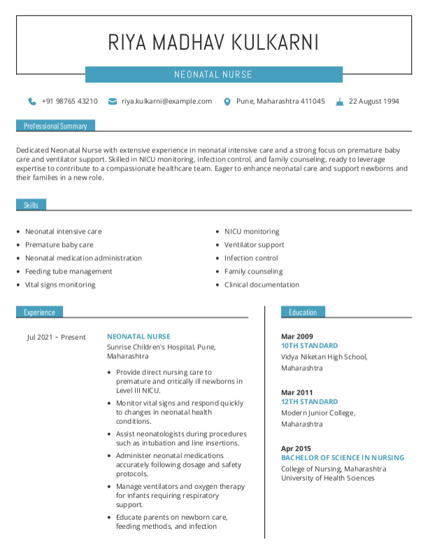 Neonatal Nurse Resume format in Word - Free Download
