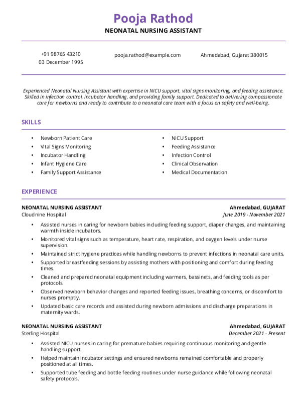 Neonatal Nursing Assistant Resume format in Word - Free Download
