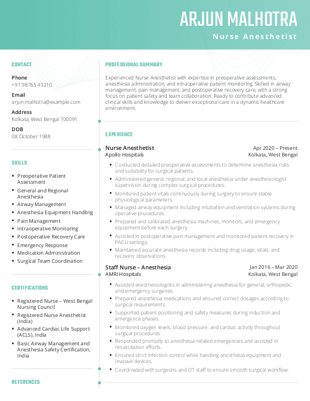 Nurse Anesthetist Resume format in Word - Free Download