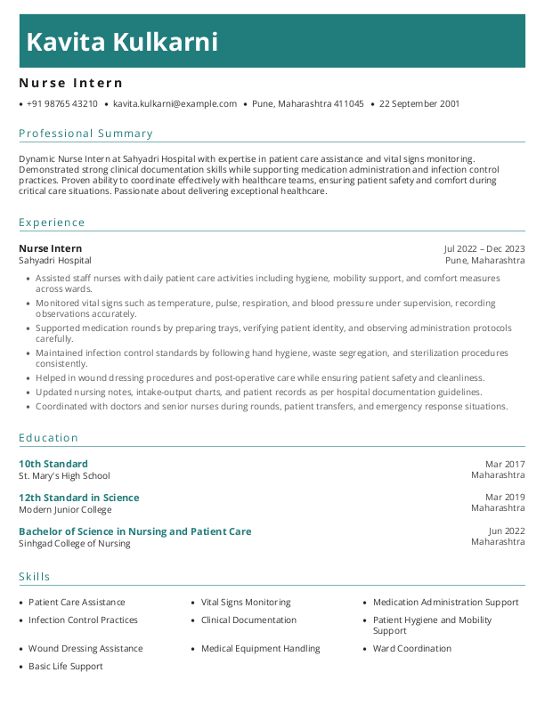 Nurse Intern Resume format in Word - Free Download