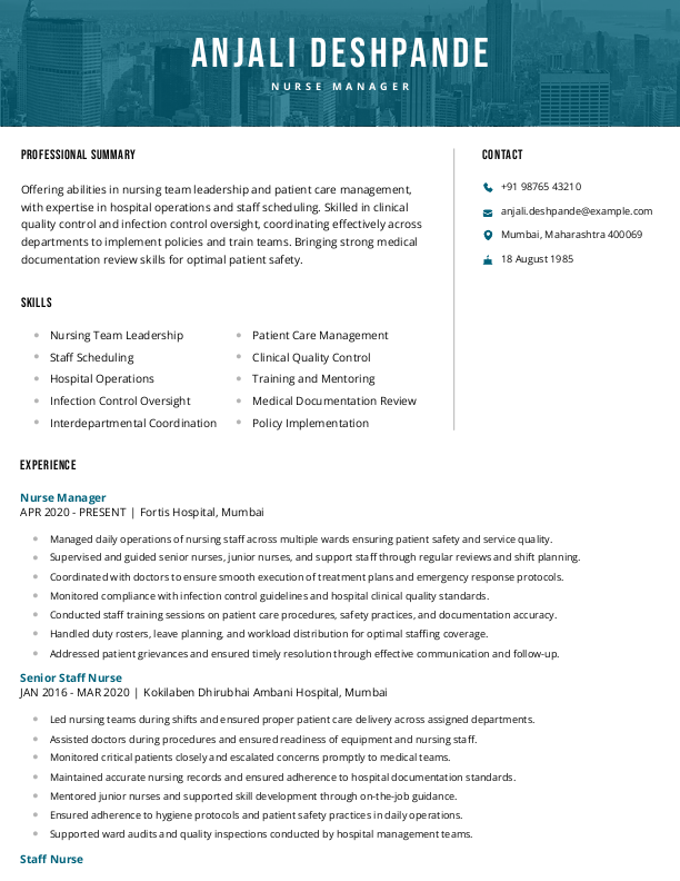 Nurse manager Resume format in Word | Free Download