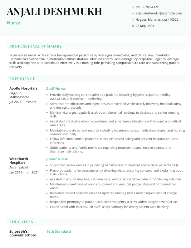 Nurse Resume format in Word - Free Download